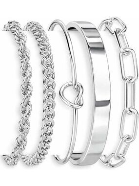 Waterproof Sterling Silver Cuff Bangle Bracelet Set - Chunky Heart & Infinity